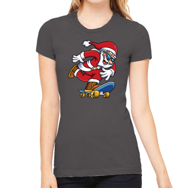 Skateboarding Santa - Women's Premium Cotton Slim Fit T-Shirt Thumbnail